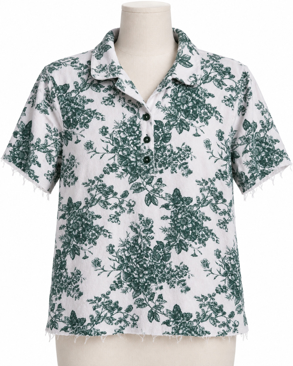 Garnet Hill Women's White/Green Floral Toile Button Front Top Short Sleeve Large